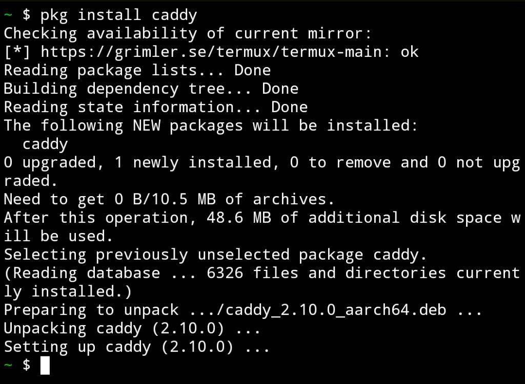 Screenshot of Termux installing Caddy